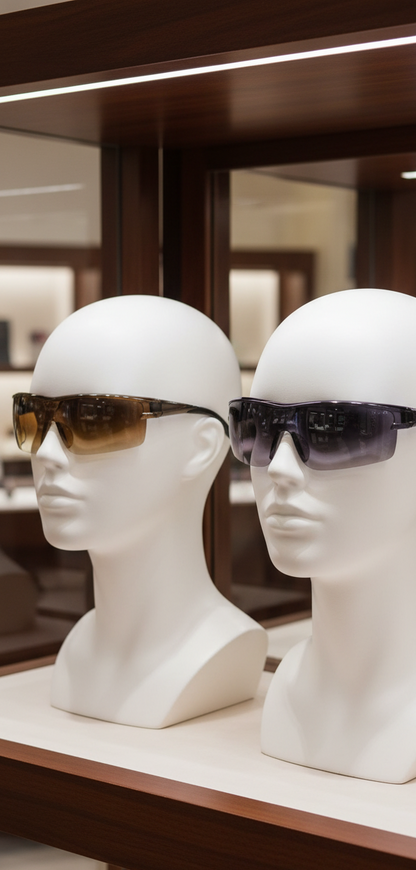 Two mannequin heads wearing sunglasses on a display shelf.